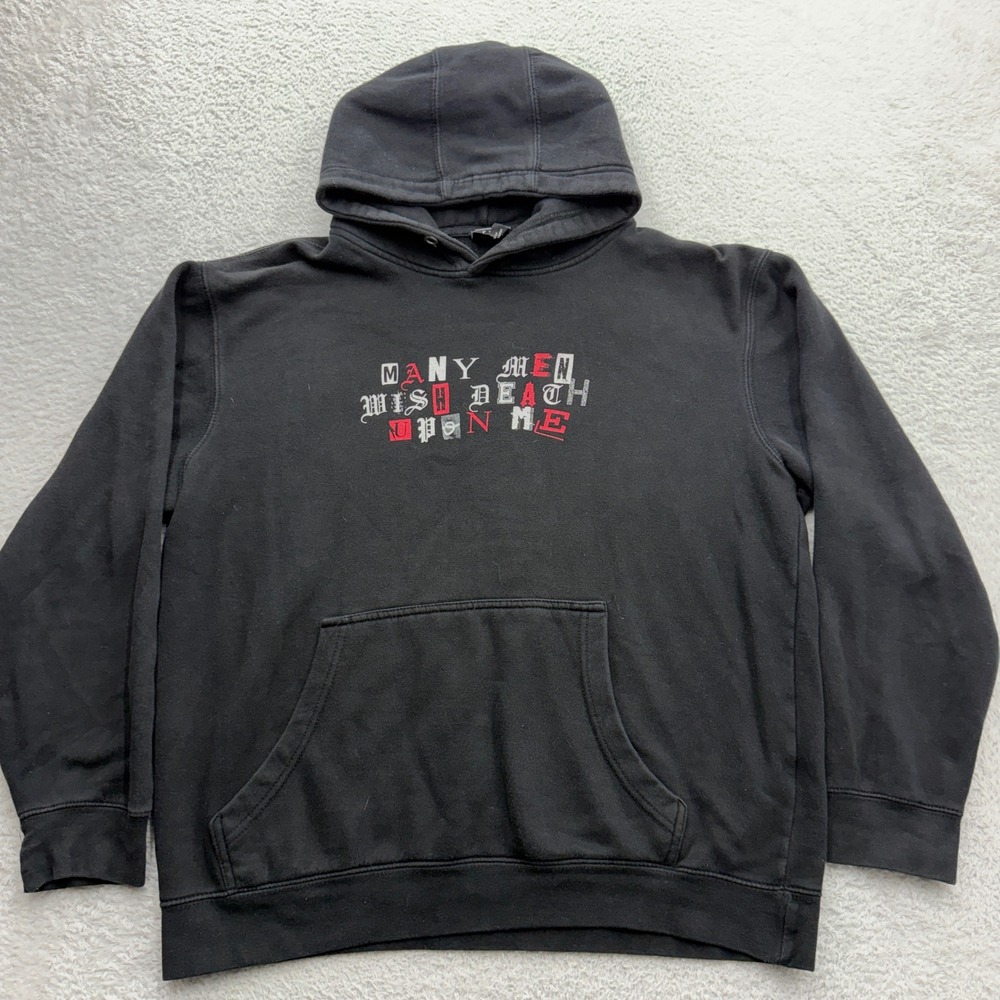 Point Blank Many Men Wish Death Upon Me Black Graphic Hoodie Mens Large USA Made